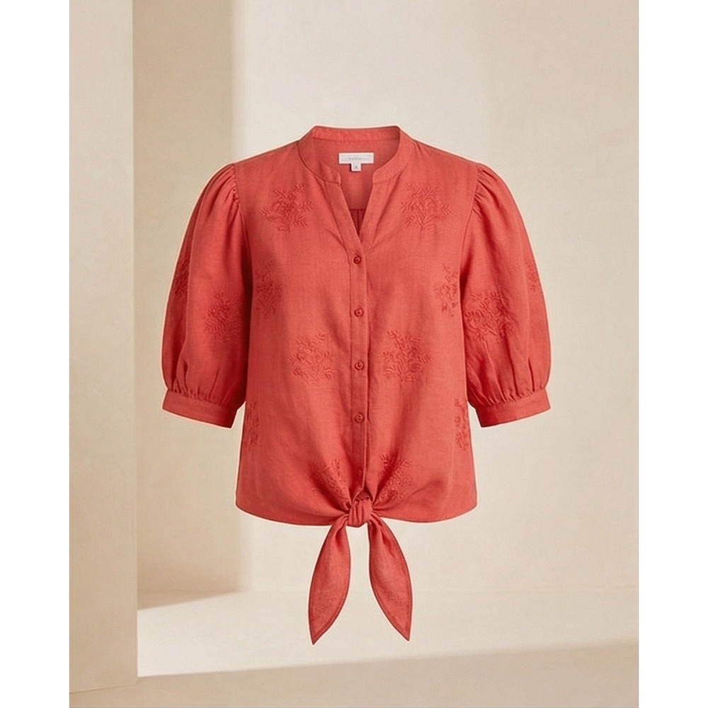 Charter Club Luxury‎ PXL Linen Embroidered Tie Front Blouse Coral Orange